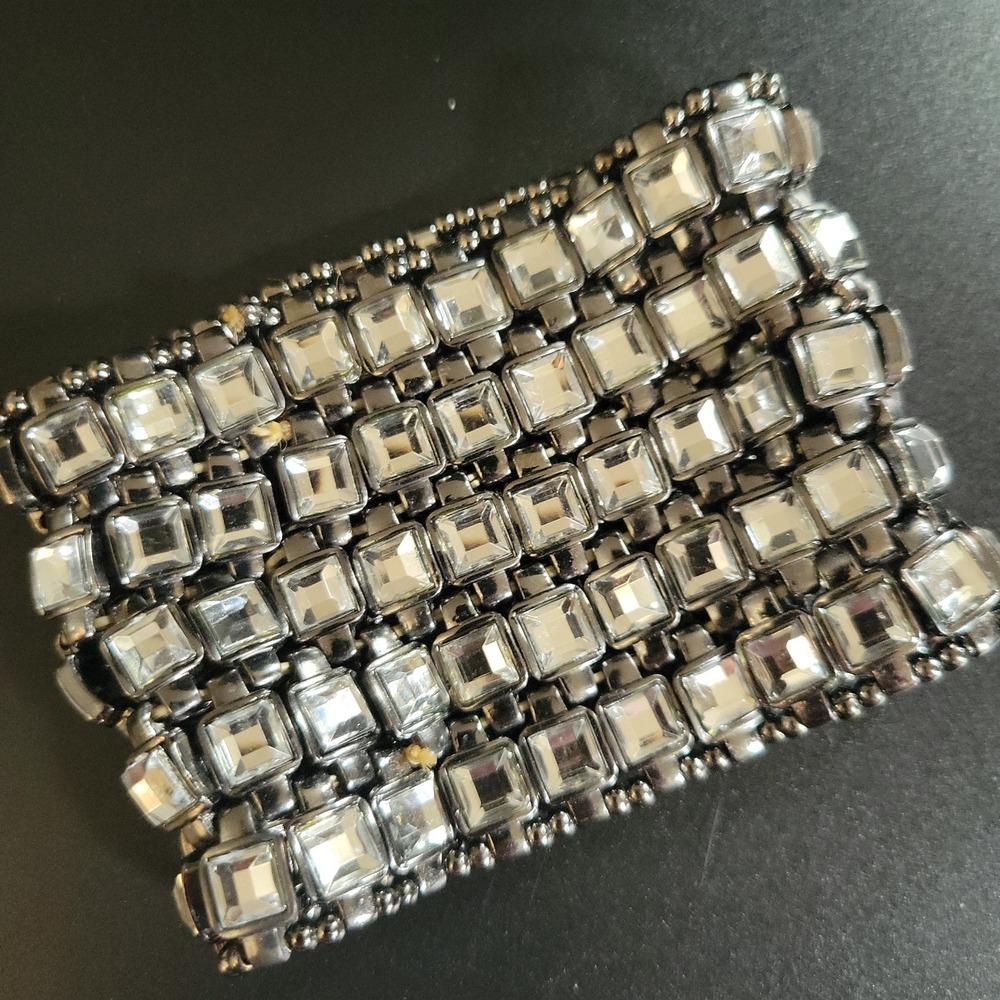 Gunmetal Square Rhinestone Stretch Cuff Bracelet One Size Fits Most Glam